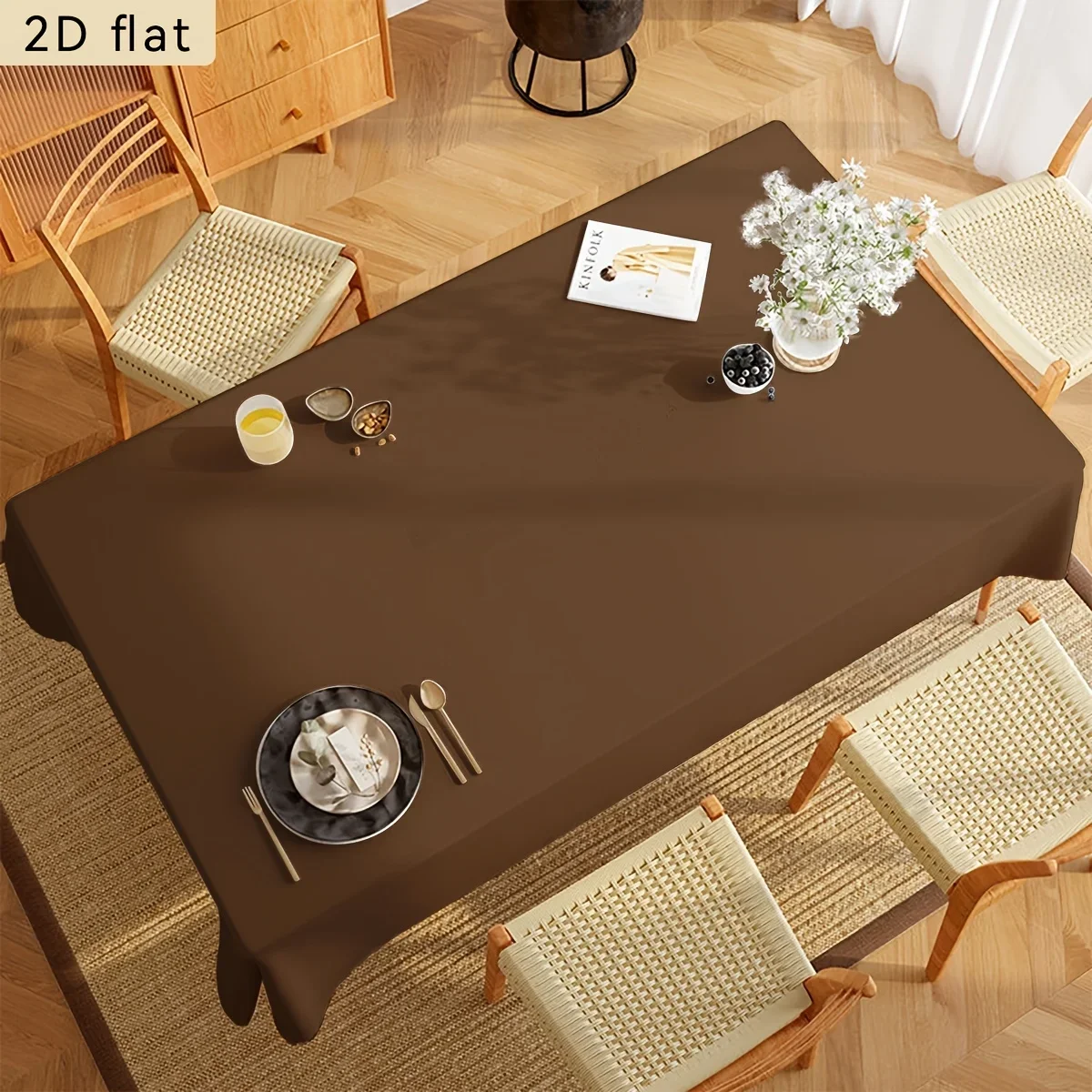 One piece of deep coffee brown solid-color background tablecloth, 2D flat kitchen/dining room rectangular table decoration.