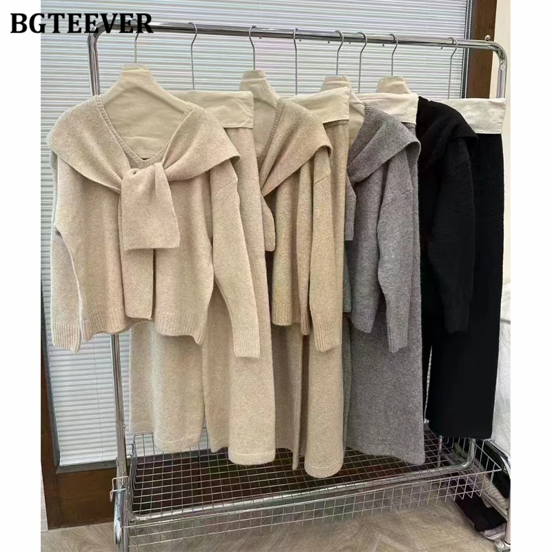 BGTEEVER Autumn Winter Casual Warm Ladies 3 Pieces Sweater Set Long Sleeve V-neck Pullovers & Knitted Shawls & Wide Leg Trousers