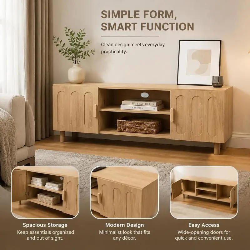 Mueble para TV Moderno de Mediados de Siglo de 140 cm con Almacenamiento, Consola Multimedia con Acabado en Roble para TV de 55 a 65 Pulgadas, Mueble para Sala de Estar y Dormitorio