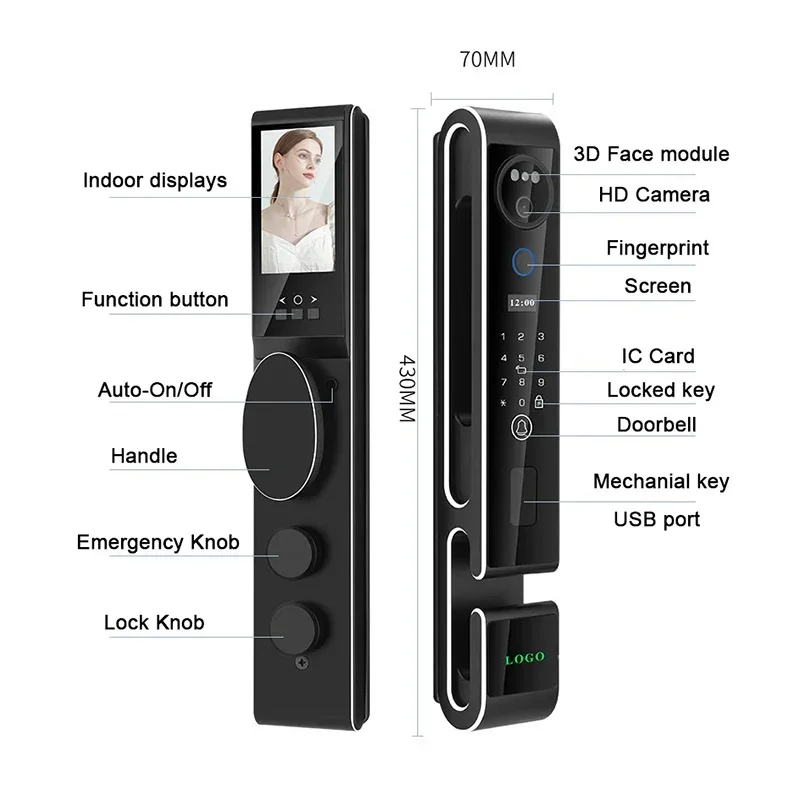 3D Face Recognition Cerradura Locks, Inteligente Tuya, Interfone WiFi, Impressão digital, Cartão de senha, Digital Door Lock, Luxo