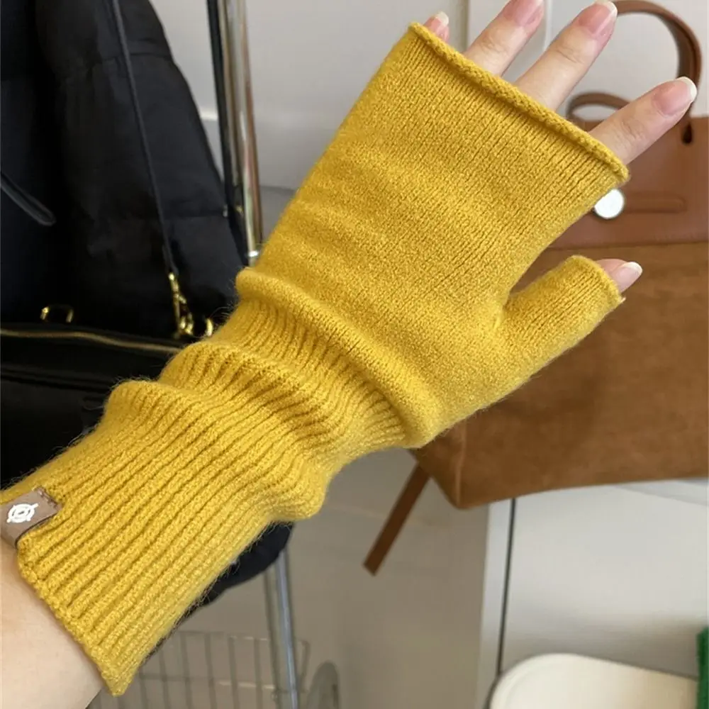 Fashion Warm Knitted Gloves Long Solid Colour Sleeve Gloves Elastic Half Finger Gloves for Students