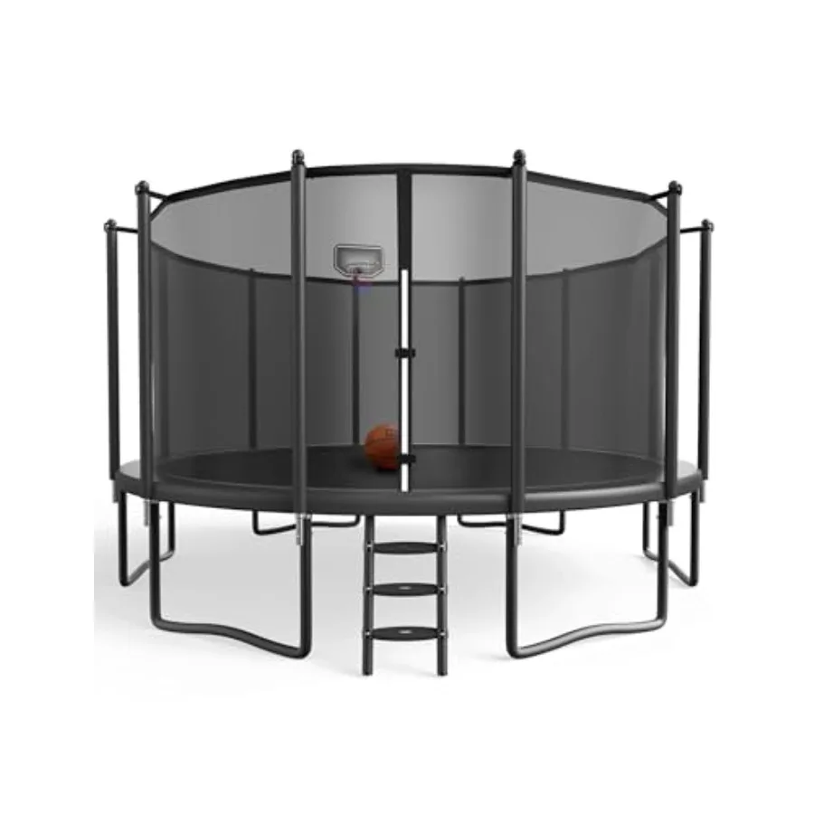 

Outdoor backyard bouncer with basketball hoop: galvanized steel frame black/gray heavy-duty 1500LBS capacity ASTM certified 8FT