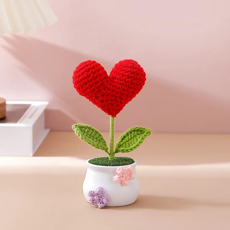 اليدوية الكروشيه شكل قلب بوعاء النباتات المحشوة الانتهاء المنسوجة باقة ديكور المنزل سطح المكتب هدايا عيد الميلاد التخرج