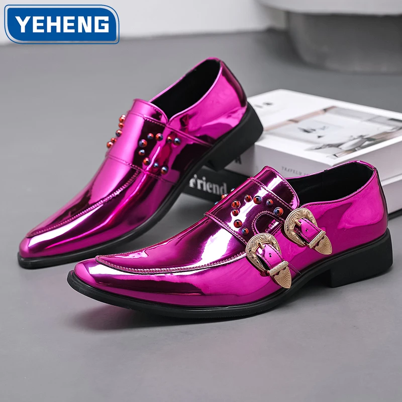 

Дизайнерская мужская обувь Британская деловая повседневная кожаная обувь Панк-лоферы с заклепками и пряжкой на ремешке Мужские вечерние модельные туфли с квадратным носком