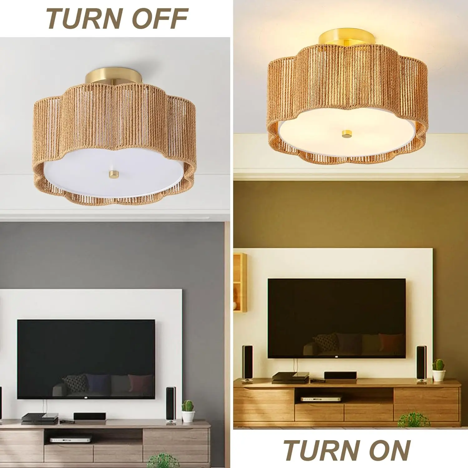 Rattan Ceiling Light Fixtures Flush Mount,3-Light Boho Light Fixtures Ceiling Mount For Bedroom,Close To Ceiling Light Modern