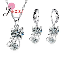 925 Sterling Silver Cubic Zirconia Wedding Jewelry Sets AAA CZ Crystal Cute Animal Cat Necklace Earrings Women Collar