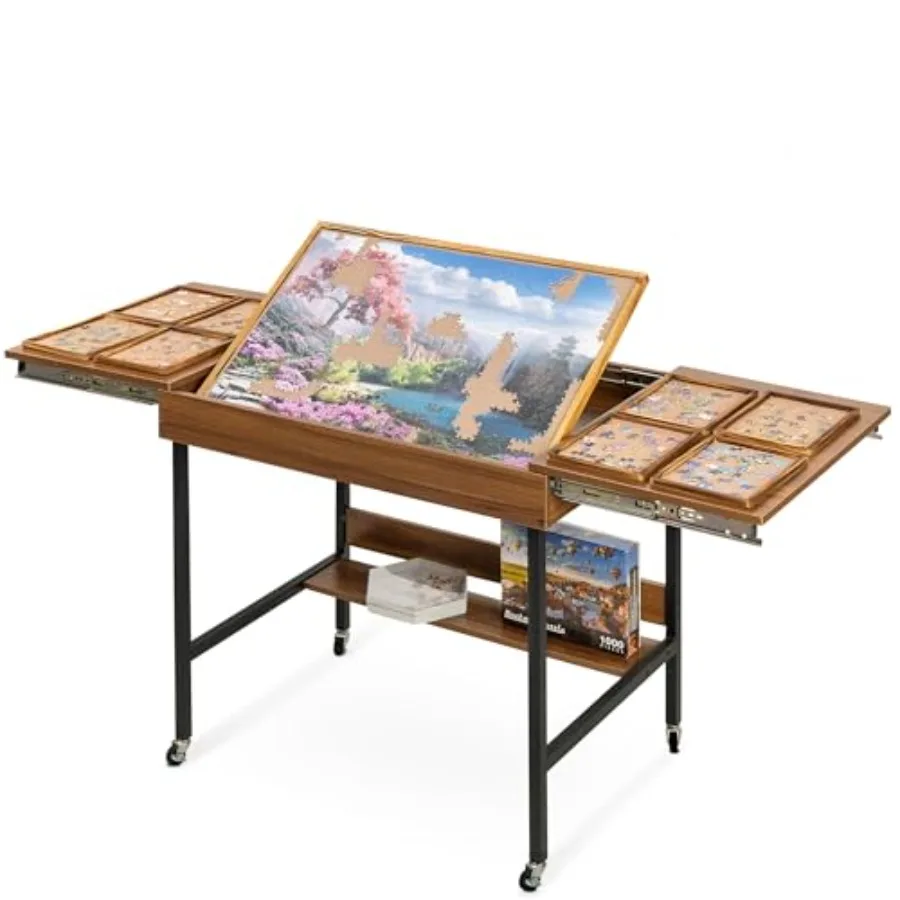 

2 in 1 Jigsaw Puzzle Table with 8 Sorting Trays, Foldaway and 3 Tilted Angle for Adjusted Height, Universal Wheels for Moves, S