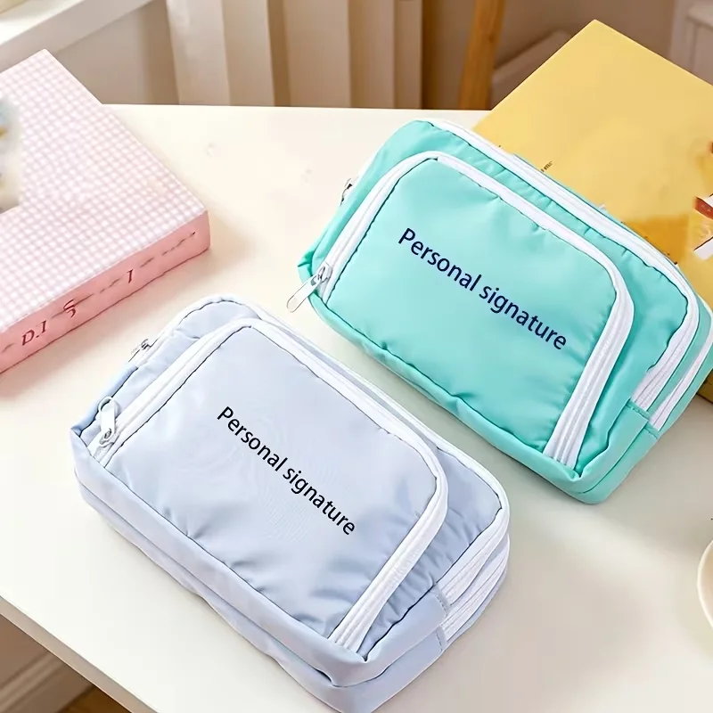 1Pc Personalized Custom Three-Layer Large-Capacity Window-Style Pencil Case for High School Students, Simple Stationery Bag, Solid Color Ins-Style Pencil Case, Japanese-Style Pencil Box, Custom Signature Style Large-Ca