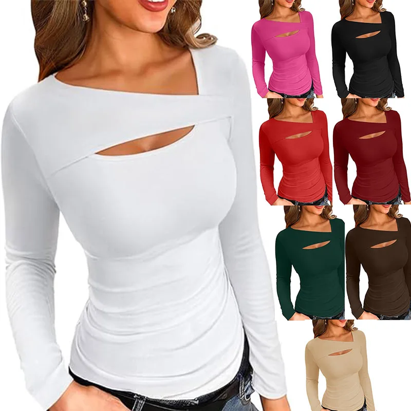 Cross-border New Products Are Hot in  Women's Clothing, European and American Solid Color, Sexy Slim Bottom T-shirt, Top Cw06026