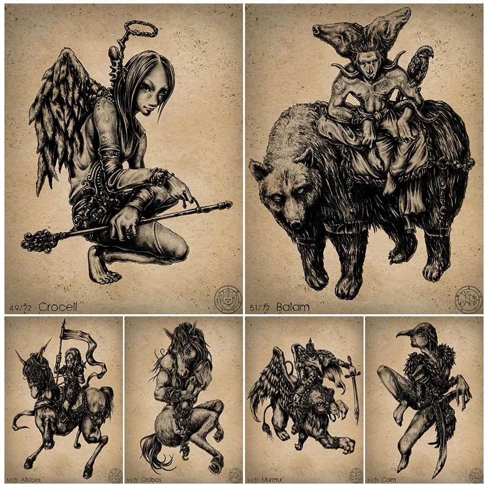 

Crocell,Balam,Alloces,Murmur,Gomory,Oriax,Vapula,Demon Portrait Wall Art Canvas Print,Solomon 72 Pillar Demon,Art Poster Print