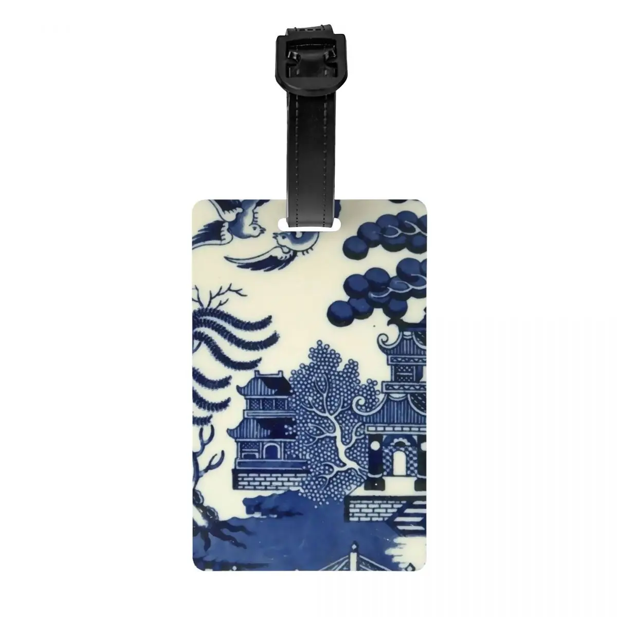 

Custom Antique Willow Ware Oriental Toile Luggage Tag Blue Delft Chinoiserie Pagoda Privacy Cover ID Label for Travel Bag