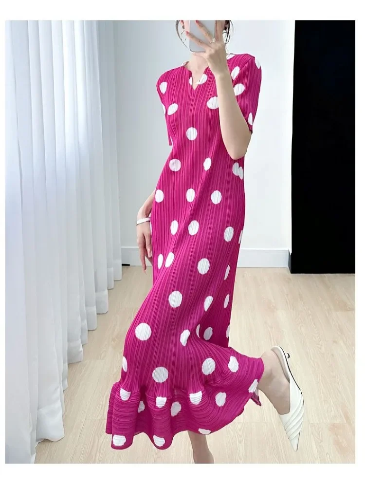 Luxury Summer Maxi Dress Pleated A-line Dress Women Polka Dot Print High End Loose Chic Short Sleeve Dresses Design Blue Black