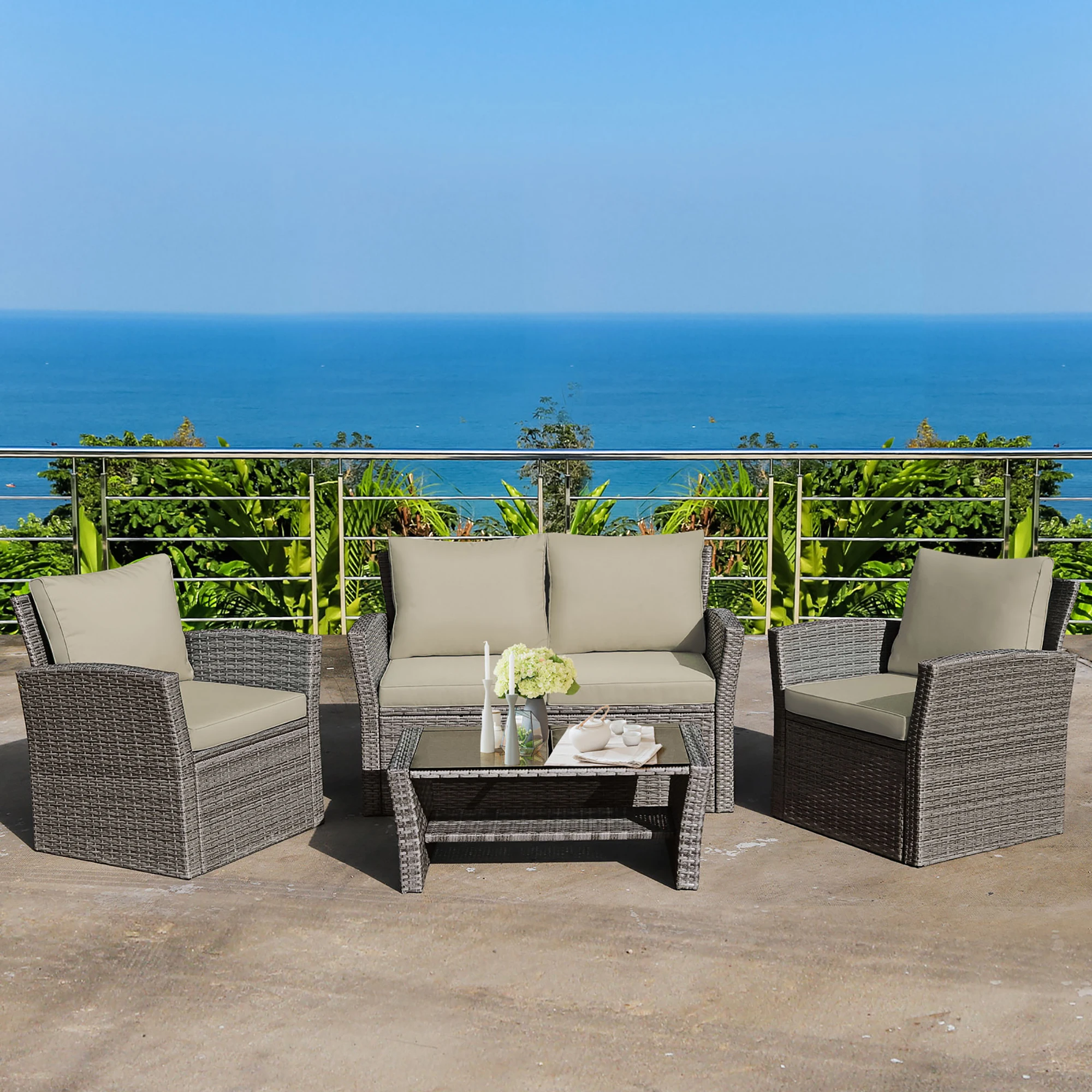 

4PCS Patio Rattan Furniture Set Sofa Table Storage Shelf Khaki Cushion