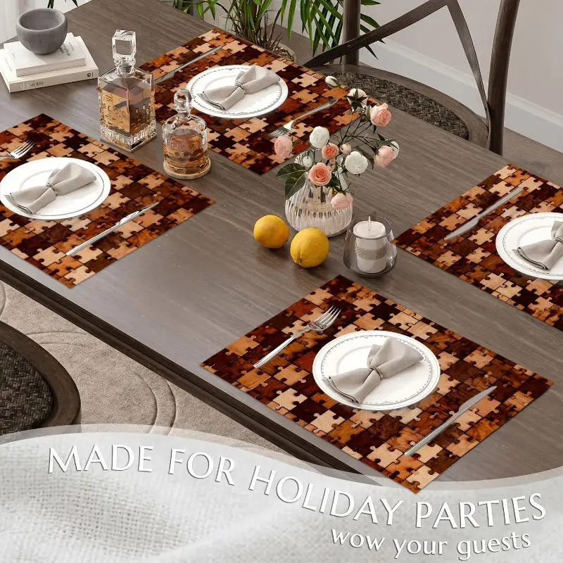 VIKAMA 2/4/6PCS Thanksgiving Autumn Checkered Meal Mat Insulation Washable Non slip Table Mat Kitchen Home Decoration