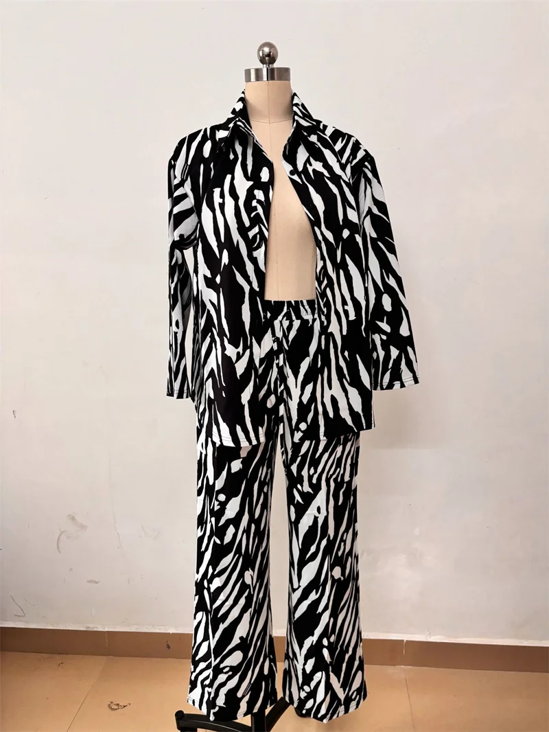 Print Shirt and Pants Set Long Sleeve Top Casual Wide Leg Pants Oversized Women Two Piece Sets Outfits 2024 Summer Trouser Suits