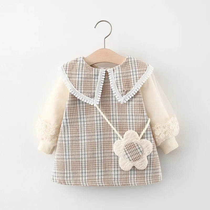 Korean Toddler Girl Dresses Spring Autumn Long Sleeve Elegant Princess Dress Cute Bow Mesh Plaid Kids Dress Baby Clothes Outfit