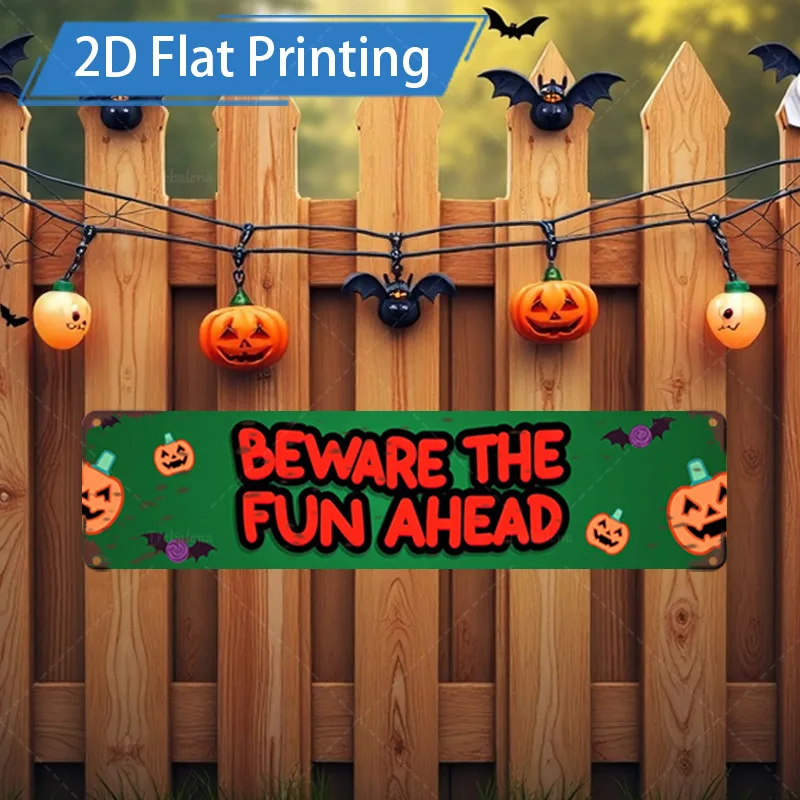 

1pc Metal Sign, 4x16inch Halloween Fun Ahead Sign - Beware the Fun, Pumpkin & Bat Decor for Party