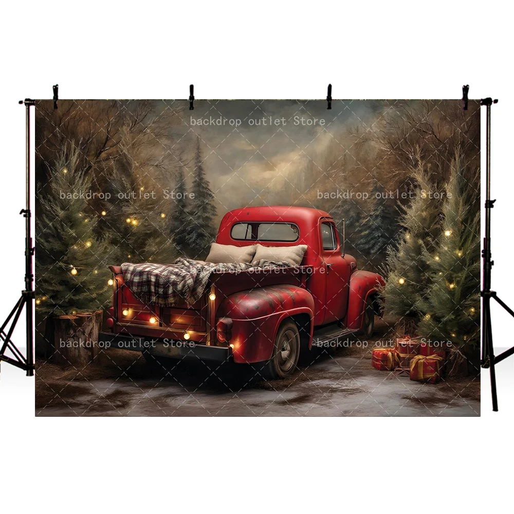 Mehofond Winter Photography Background Christmas Tree Red Truck Wooden Cottage Snowfall Lanterns Kids Adult Photo Backdrop