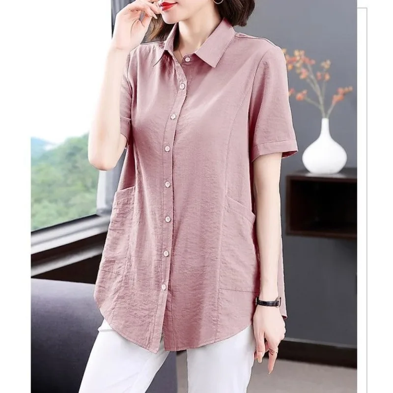 Simplicity Office Lady Summer Women's POLO Collar Solid Pockets Single Breasted Fashion Versatile Loose Short Sleeve Shirts Tops