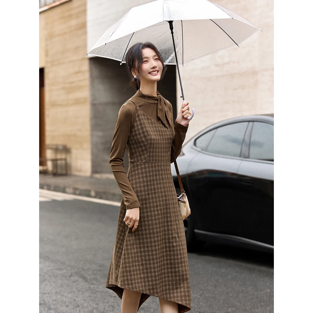 VINLY Eleganckie damskie komplety sukienkowo-garniturowe 2025 Zima Bluzki bazowe z kokardą Asymetryczny dół Sukienka na szelkach w kratę Damski zestaw dwuczęściowy 30519