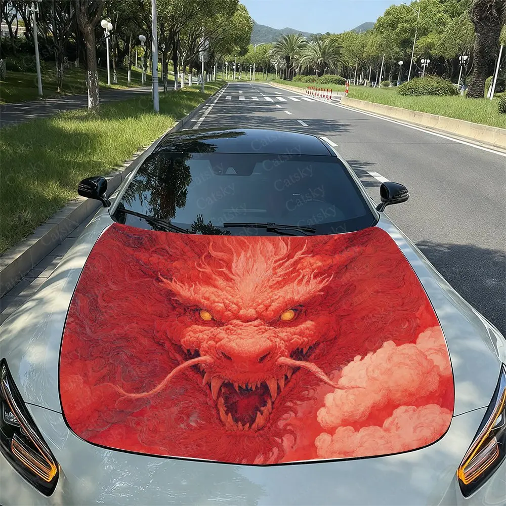 Autocollant de capot de voiture à motif de nuage de Dragon de feu rouge puissant, emballage en vinyle de voiture Durable adapté à la plupart des véhicules et aux voitures