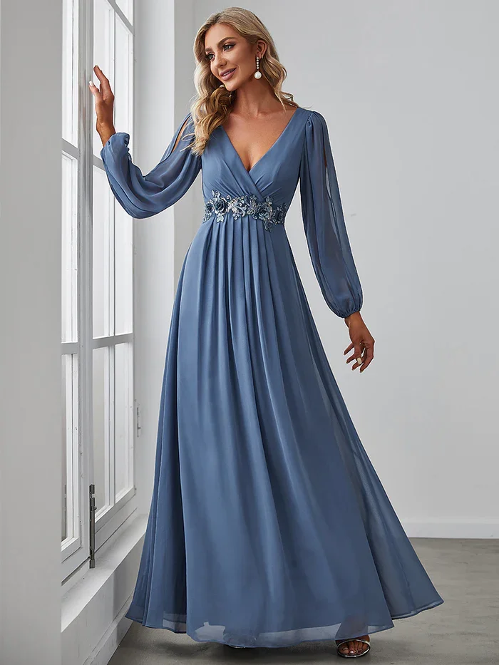 Ever-Pretty Elegant Chiffon V-Neckline Long Sleeve Formal Evening Dress   Floor Length Long Lantern Sleeves Formal Dresses