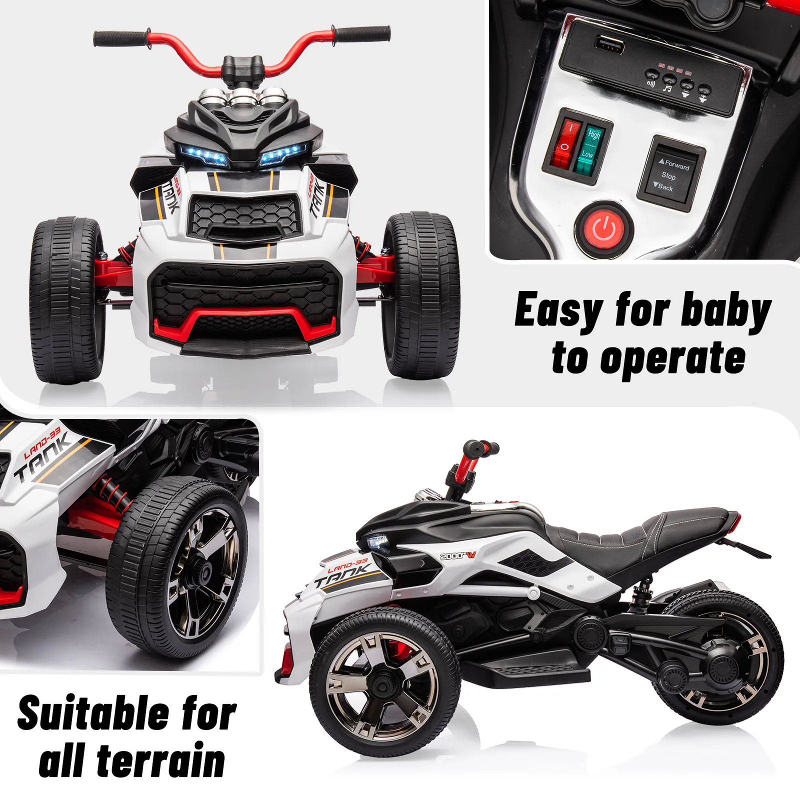 12V Kids Ride On ATV, 3 Wheeler Motorcycle Tricycle Rechargeable Battery-Powered ATV Toy Car w/ Music, Headlights for Boys Girls