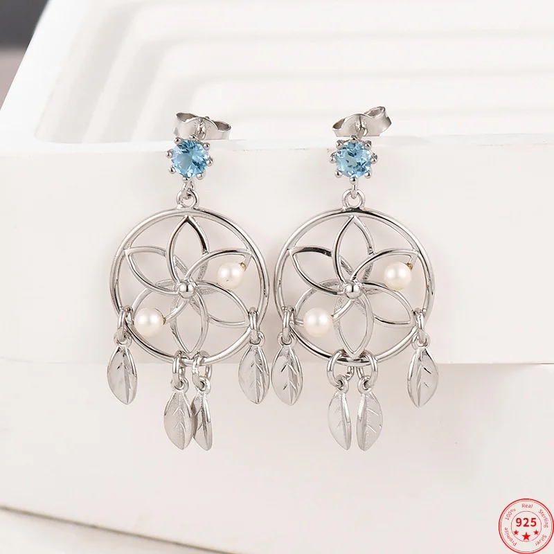 

Женские серьги-подвески в виде Ловец снов из серебра 925 пробы с жемчугом и топазом