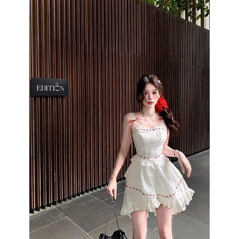 Y2K Irregular Mini Dress Women Fairy Party Lace Bow Strap One Pieces Dresses Summer Vacation Korean Bodycon A Line Vestidos New