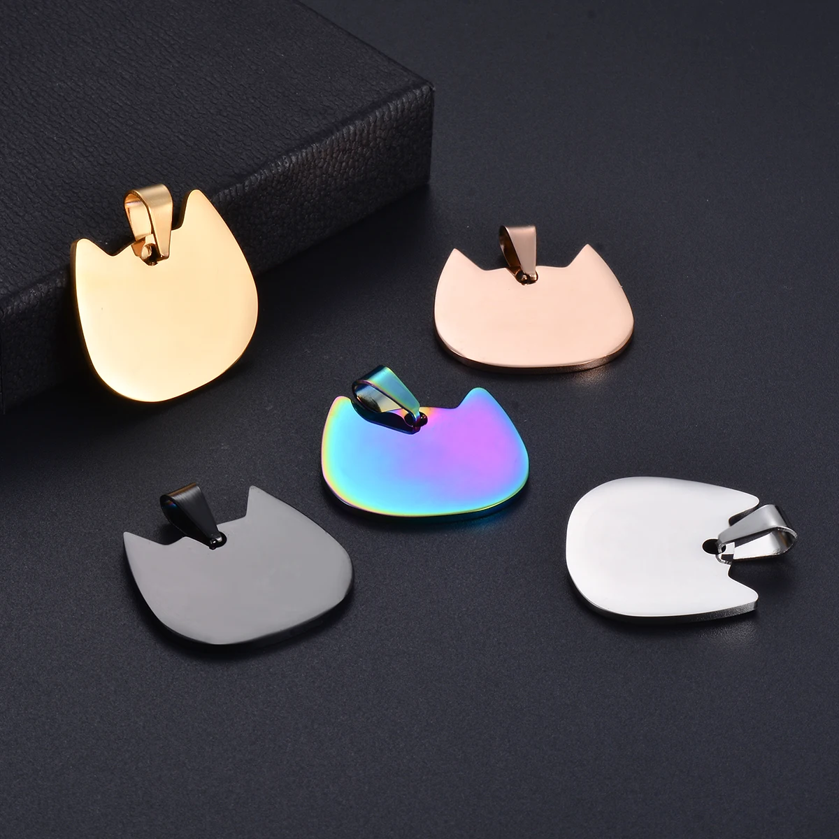 5pcs 5 colors High Quality Stainless Steel  lovely Cat Head Shape Pendant ID Necklace Unisex without chain double side polish