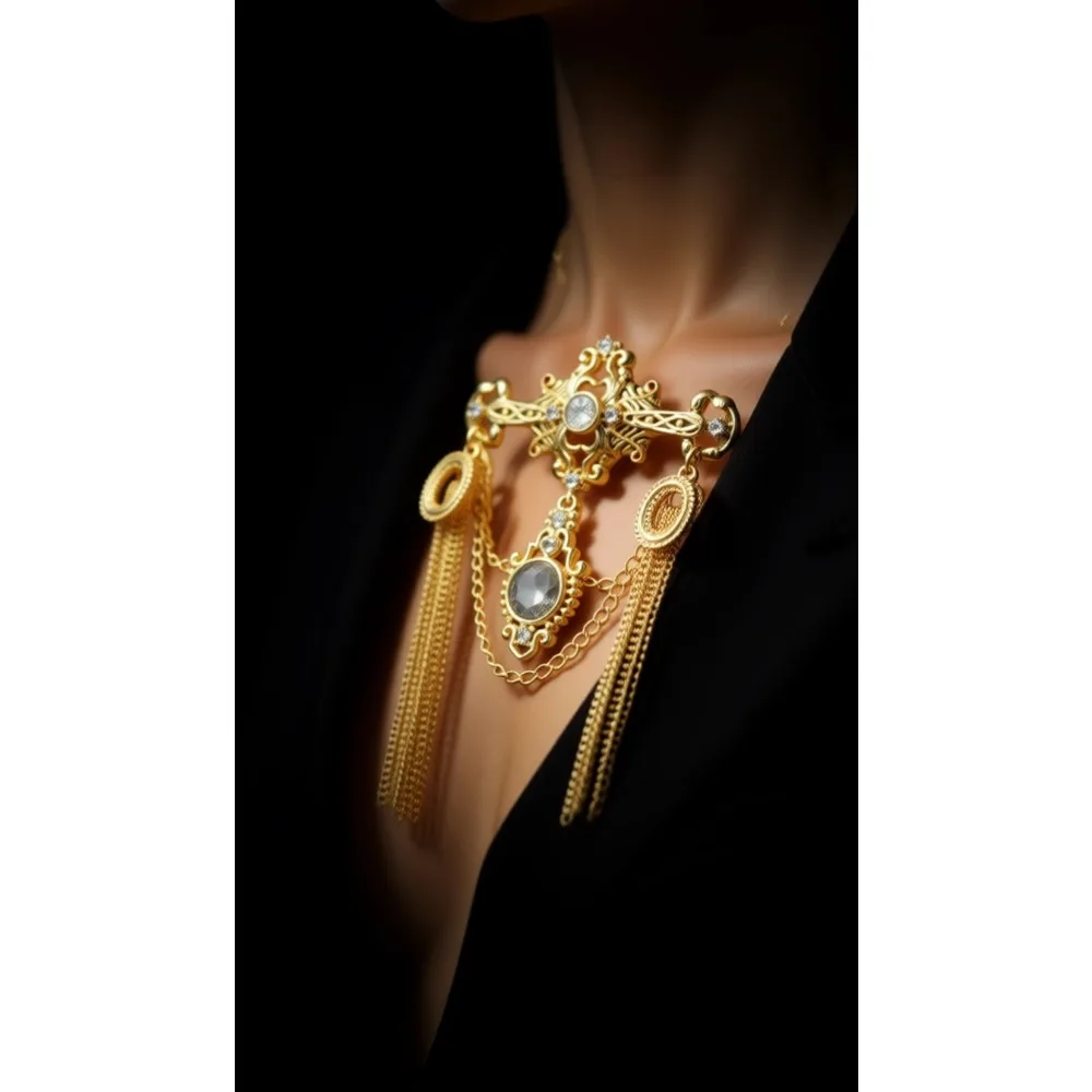 

Золотая брошь Royal Gold с мерцающими камнями и цепочкой для мужчин и женщин