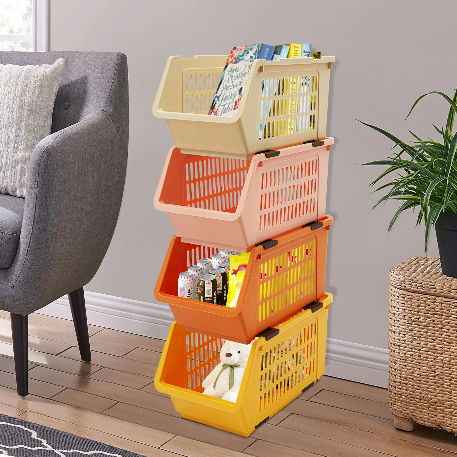 سلال تخزين كبيرة قابلة للتكديس، 4 صناديق تنظيم مع مقابض، صناديق بلاستيكية قابلة للطي لتنظيم مخزن الخزانة #2