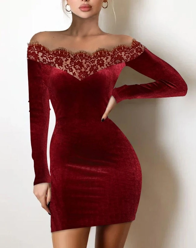 Vrouw Sexy Fluwelen Bodycon Jurk Van De Schouder Semi-Doorschijnende Wimper Kant Ontwerp Dames Elegante Skinny Mini Feestjurken