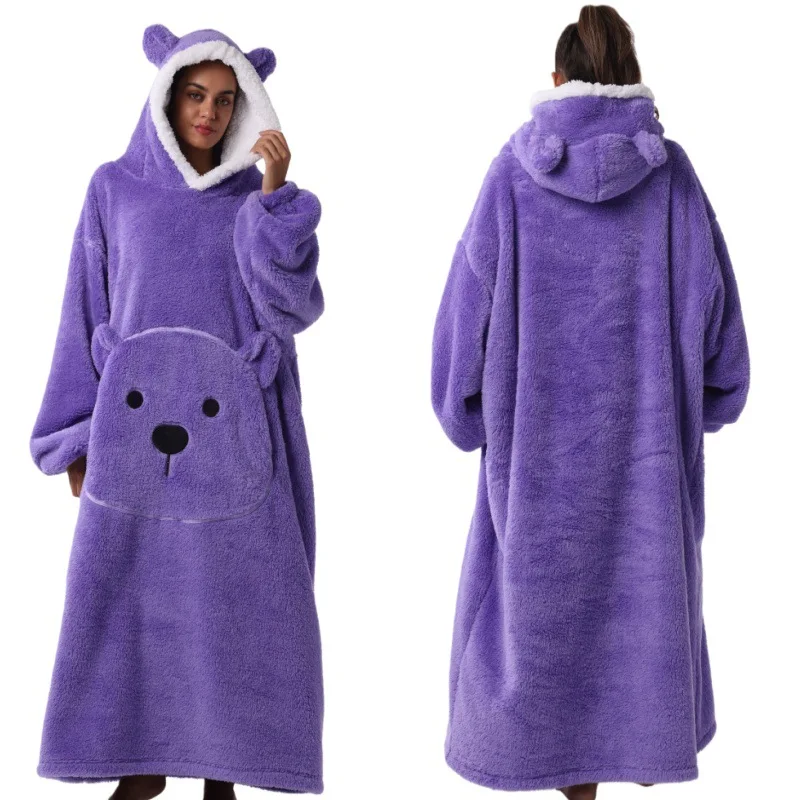 Long Length Bear Fleece Hooded Blanket with Sleeves Extra Thick Warm Wearable TV Throw for Adults Home Sleepwear Couch view 3