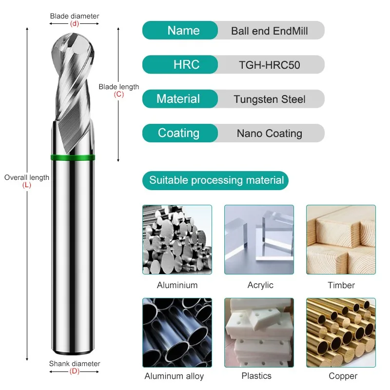 YIFINO-Fresa de extremo de bola de aluminio de carburo de tungsteno de acero herramientas de molino de extremo mecánico CNC Anillo Verde de 2