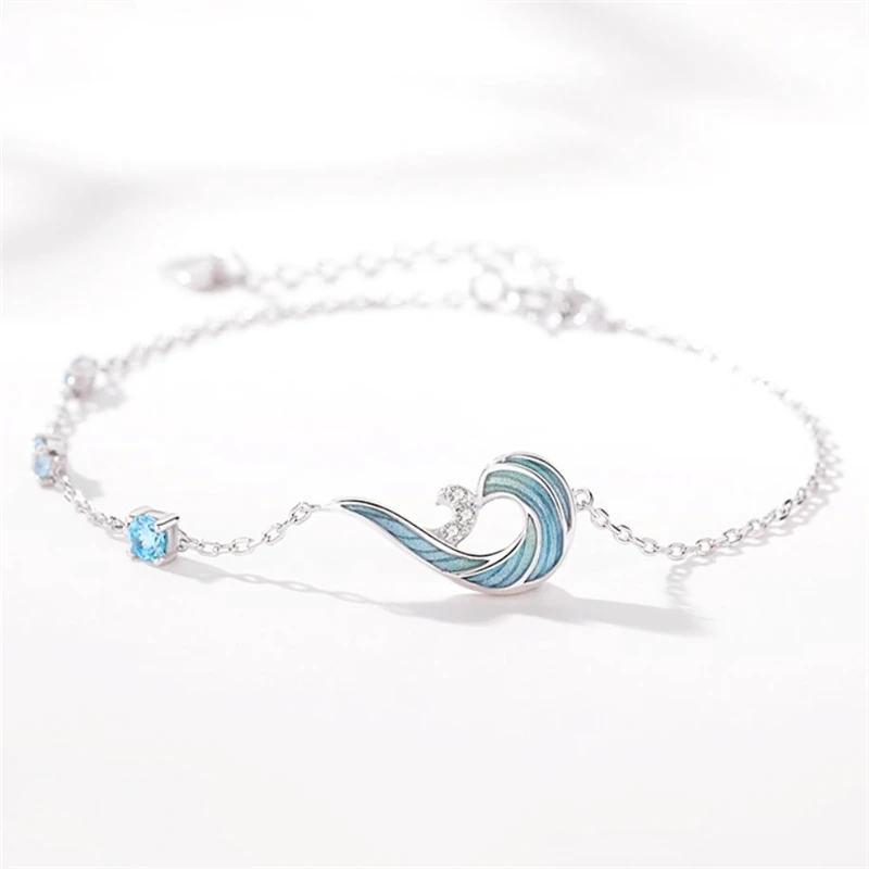 Blue Drip Glaze Enamel Wave Spray 925 Sterling Silver Female Resizable Bracelets BR306