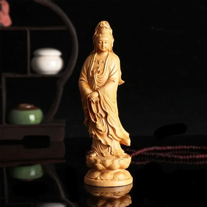 Sacred Guanyin Statue from Taihang, Boxwood Carving Art, Classical Feng Shui Collectible, Blessing & Protection Home Decor