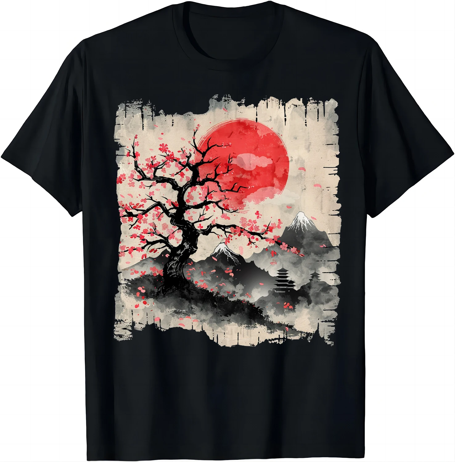 Vintage Cherry Blossom Woodblock Tee Japanese Graphical Art T-Shirt Japanese 2000s Style Y2k Clothing  Shirts for Women