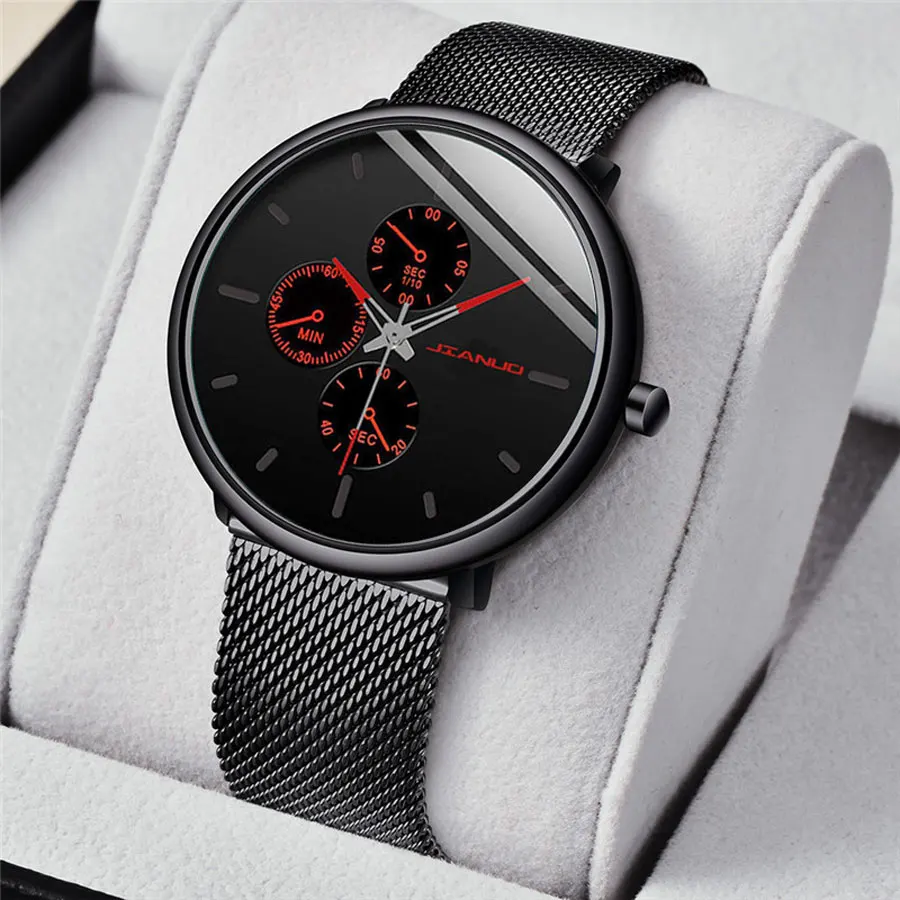 

Korean style ultra-thin men's watch with mesh strap, British three eyes, men's scale, simple quartz watch