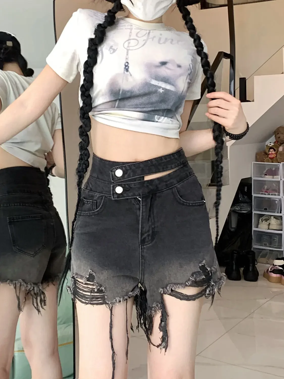 Y2k Japanese Style Ripped Short Jean Pants Woman Loose Outfits 2000s Clothes Summer XL Designer Outdoor Denim Shorts for Women
