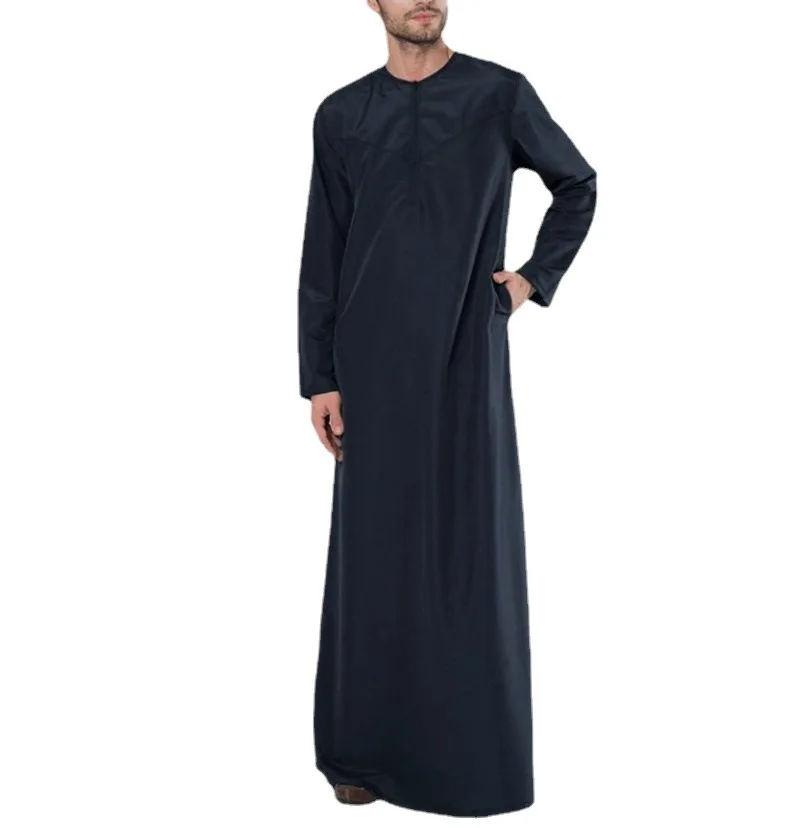 2023 Spring Summer Muslim Men Long Sleeve O-neck Cotton Black Long Jubba Thobe Muslim Fashion Abaya Muslim Clothing S-5XL