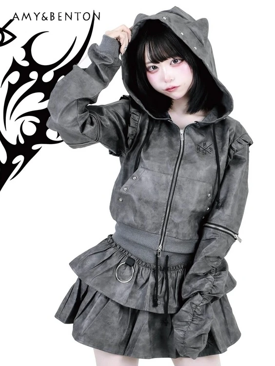 

Japanese Harajuku Style PU Leather Detachable Long Sleeve Cat Ear Hooded Short Jacket Multi-layer Skirt Subculture Gothic Sets