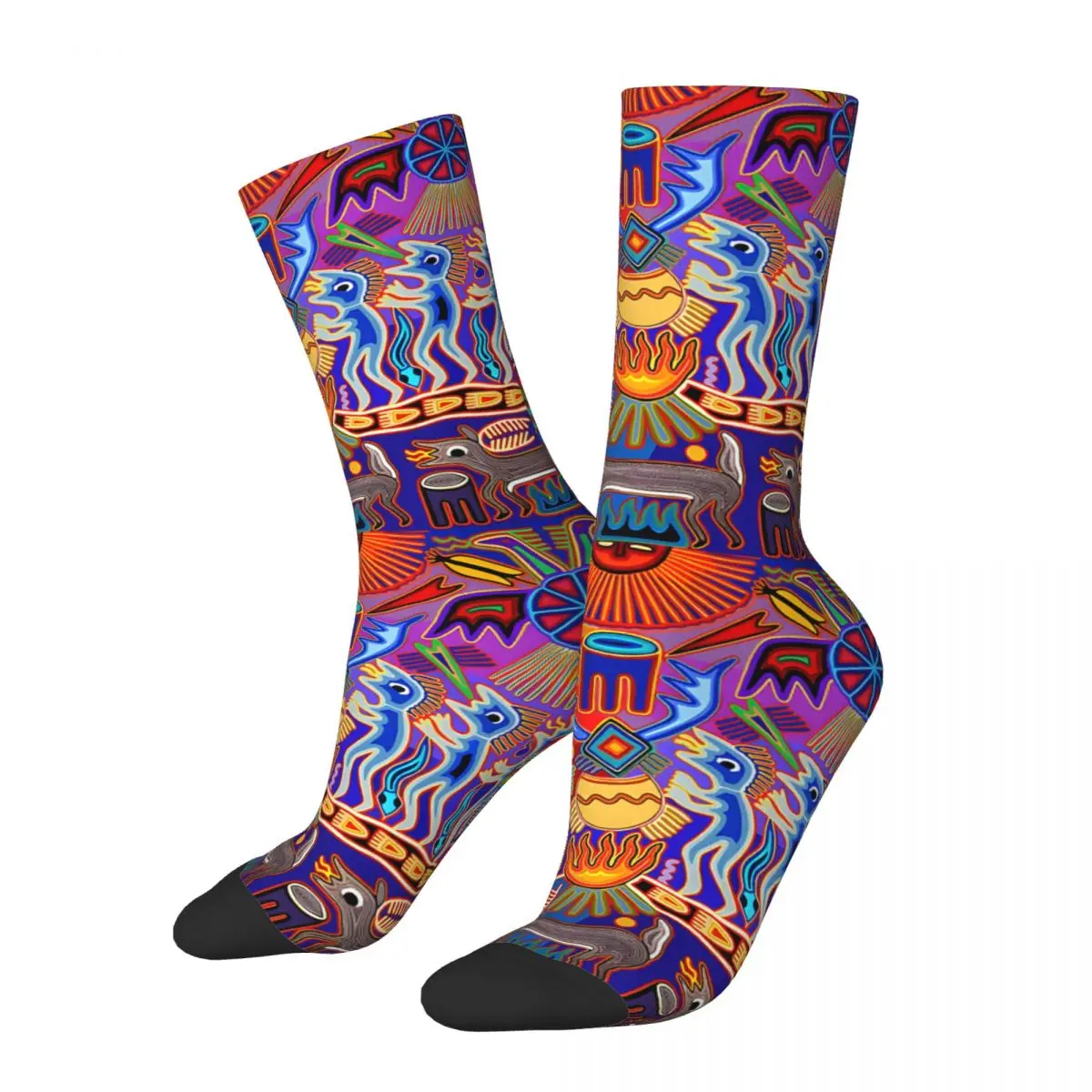 Funny Men's Socks Shaman Del Sol Hunter Vintage Harajuku Huichol Art Street Style Seamless Pattern Crew Crazy Sock Gift Printed