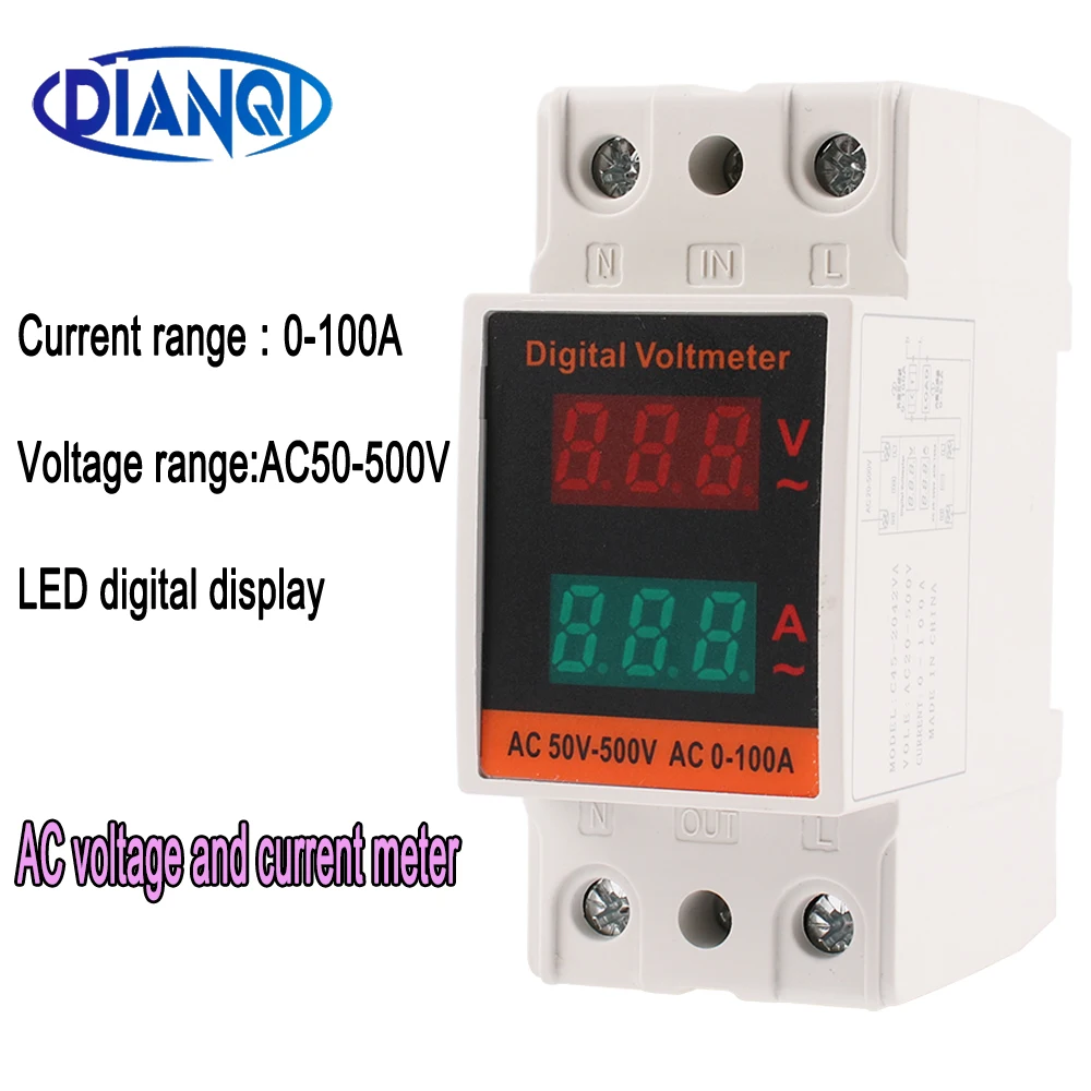 LCD Dual Digital Din Rail Power Meter AC Voltmeter Ammeter Energy Meter AC50-500V AC0-100A Volt Amp Monitor Electricity Meter