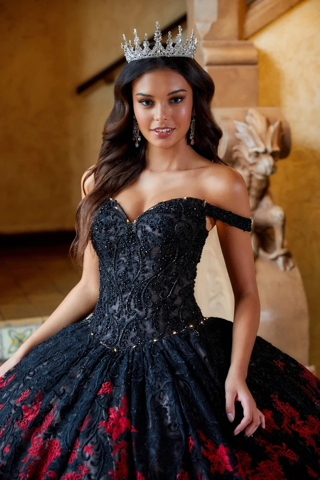 white christmas dresses Sparkly Black Ruffle Ball Gown Wedding Dresses Red Lace Appliqued Quin –  Viniodress main image 1