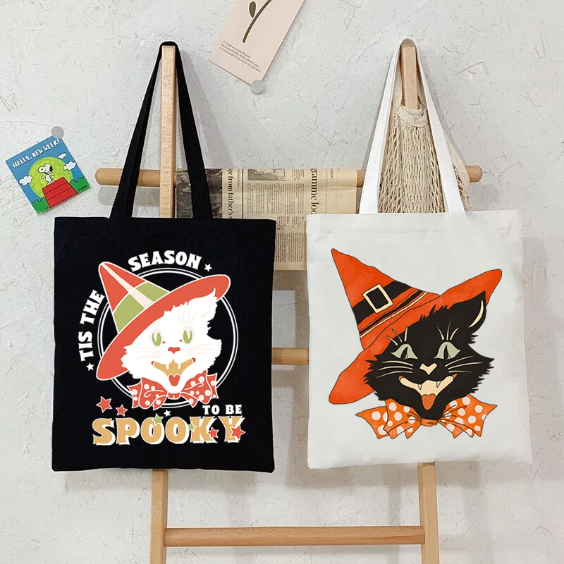 

Vintage Halloween Women Handbags Fashion Black Cat Shoulder Bag Unisex Canvas Spooky Season Shopping Bag Cartoon Kitten Tote Bag