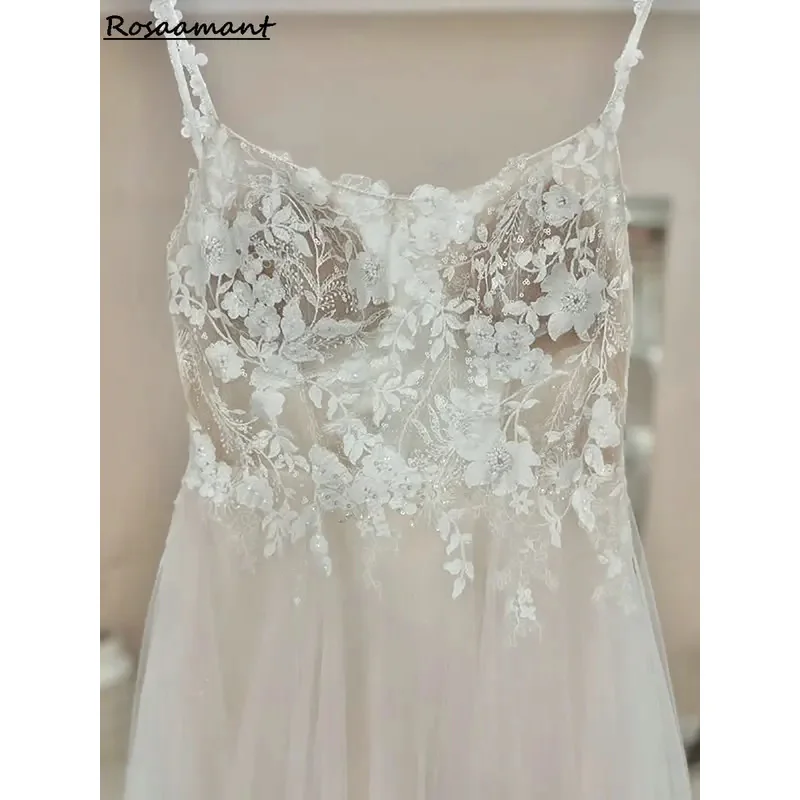 Gaun Pengantin A-Line Tali Spaghetti Ilusi Terbaru Gaun Pengantin Negara Renda Applique Tanpa Lengan