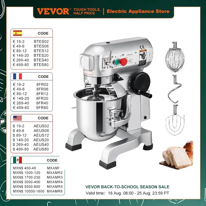 

VEVOR Electric Dough Machine 10/15/20/30L Stainless Steel Commercial Cream Egg Whisk Mixer Processor Kitchen Food Stand Blender