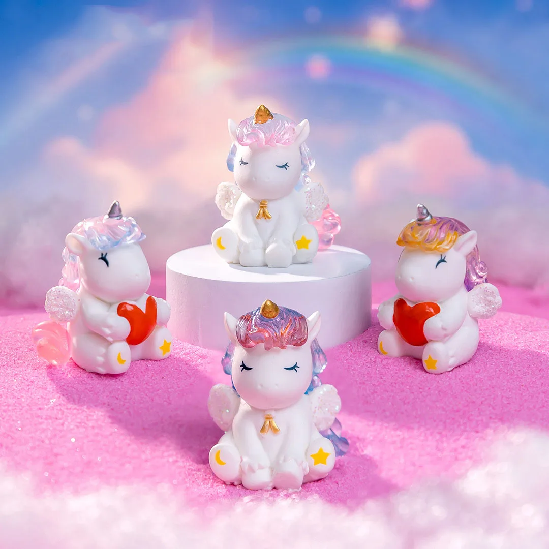 4pc Cute Colorful Crystal Unicorn Animal Decoration Resin Craft Miniature Figure for Bonsai Microlandscape Fairy Garden Decor