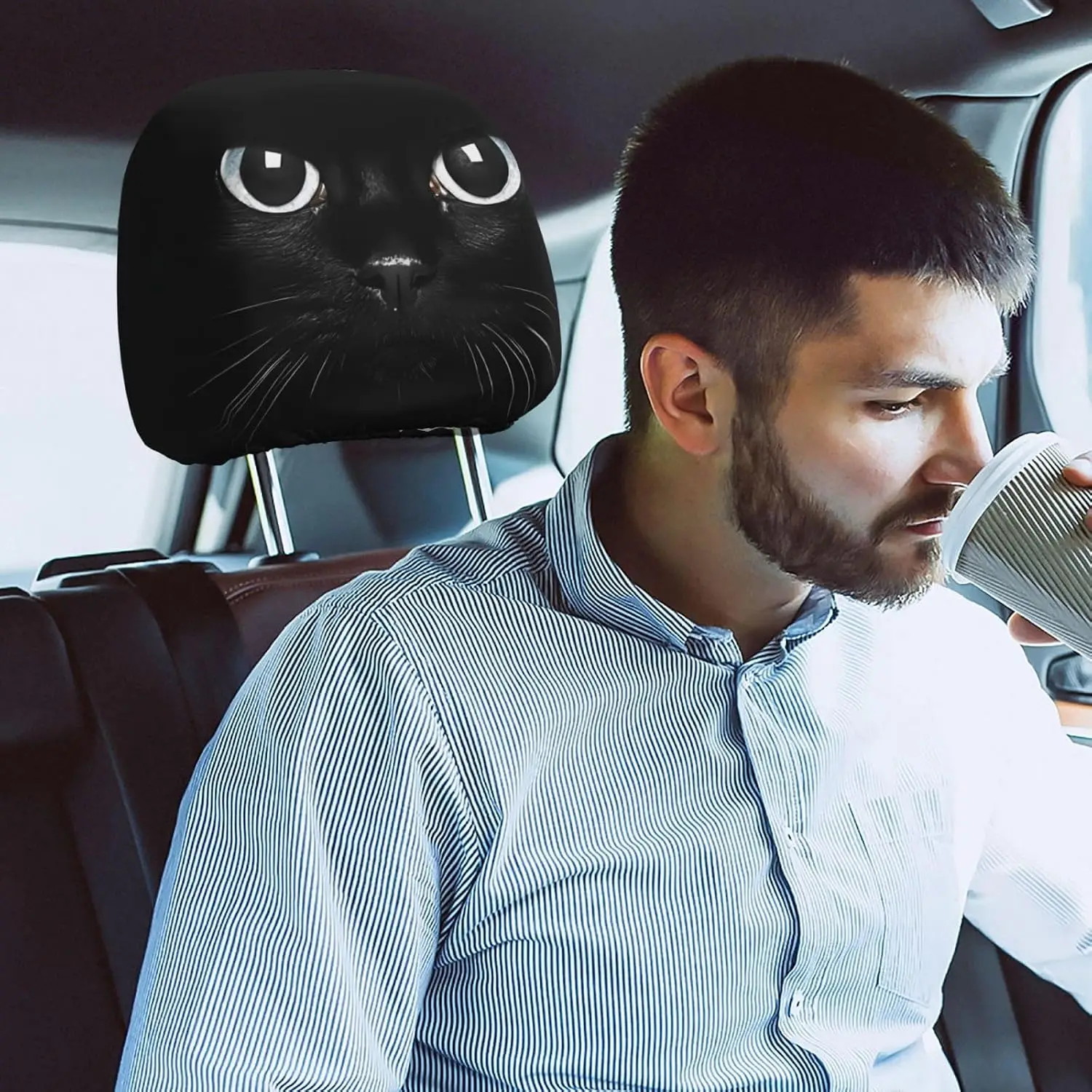 Black Cat Car Headrest Case 2 Pieces Universal Soft Seat Protective Cover Easy Removable Washable Headrest Case